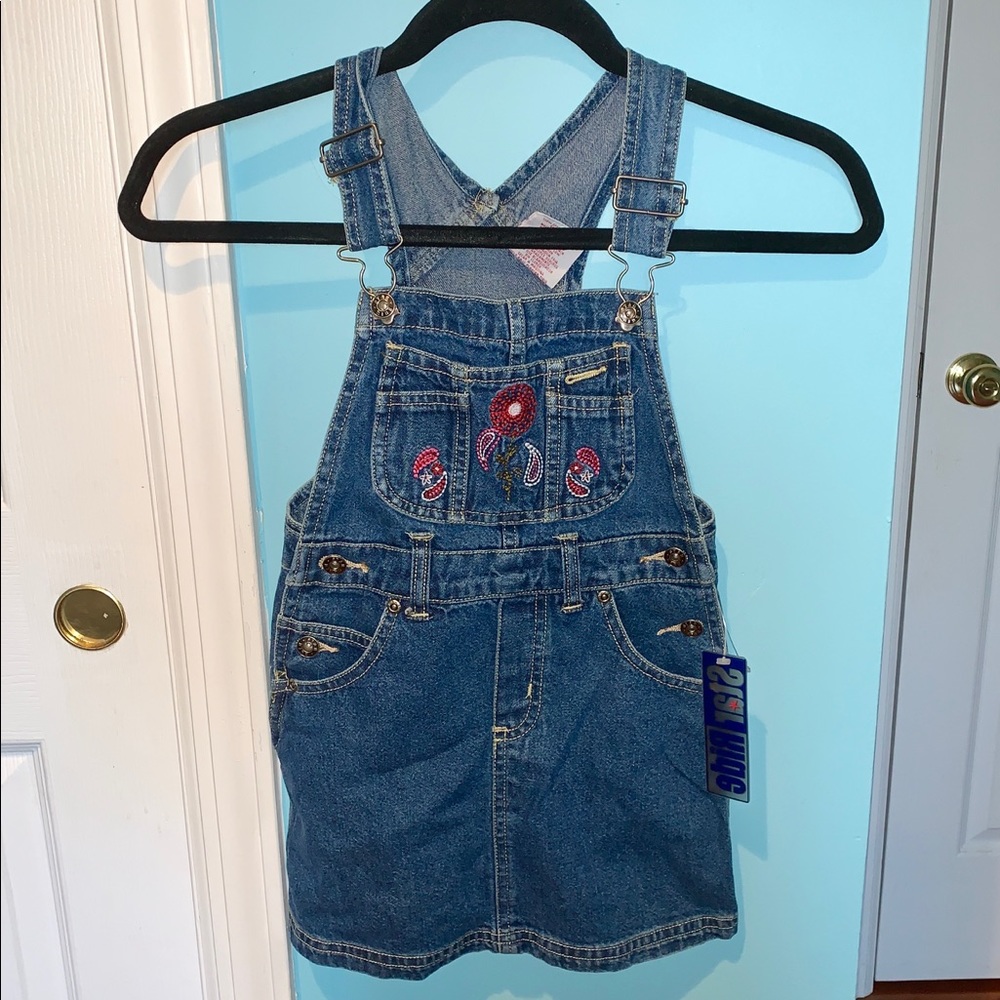 Girls Size 4 Denim Embroidered Floral Overalls